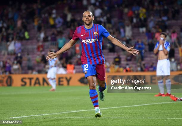 Martin Braithwaite of FC Barcelona celebrates after scoring their team's third goal during the LaLiga Santander match between FC Barcelona and Real...