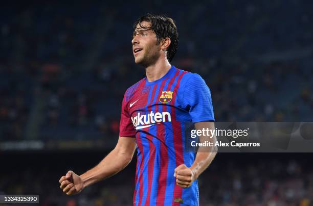 Sergi Roberto of FC Barcelona celebrates after scoring their team's fourth goal during the LaLiga Santander match between FC Barcelona and Real...