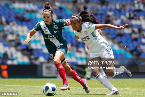 Maria Lopez of Puebla fights for the ball with Magaly Cortes of Cruz Azul during a match between Puebla and Cruz Azul as part of Liga MX Femenil...