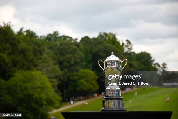 Detailed view of the trophy is seen prior to being awarded to Kevin Kisner of the United States after the final round of the Wyndham Championship at...