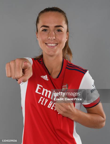 Lia Walti of Arsenal during the Arsenal Women's 1st team photocall at London Colney on August 13, 2021 in St Albans, England.