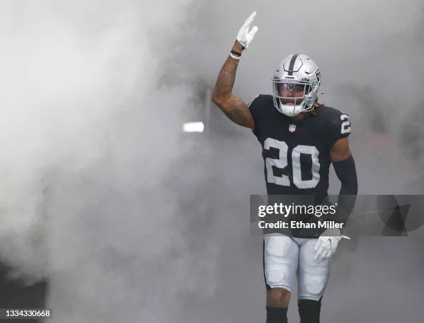 Cornerback Damon Arnette of the Las Vegas Raiders is introduced before a preseason game against the Seattle Seahawks at Allegiant Stadium on August...