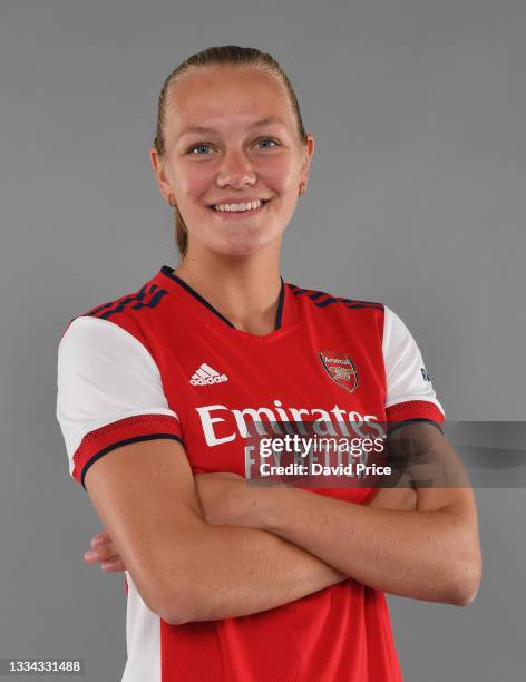 Frida Maanum of Arsenal during the Arsenal Women's 1st team photocall at London Colney on August 13, 2021 in St Albans, England.