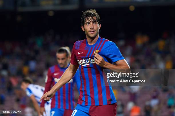 Sergi Roberto of FC Barcelona celebrates after scoring his team's fourth goal during the LaLiga Santander match between FC Barcelona and Real...