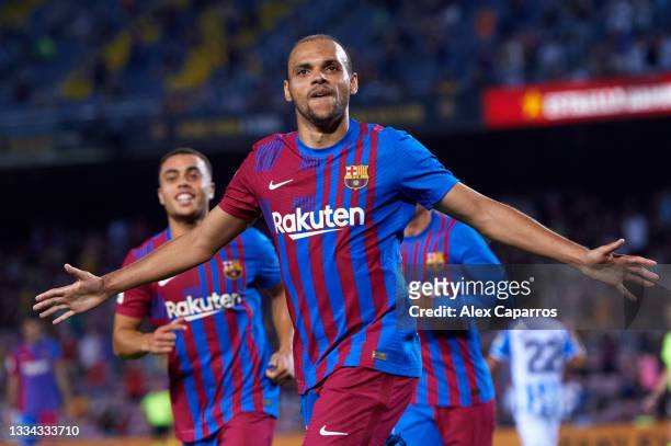 Martin Braithwaite of FC Barcelona celebrates after scoring his team's third goal during the LaLiga Santander match between FC Barcelona and Real...