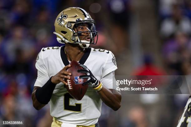 Jameis Winston of the New Orleans Saints looks to pass against the Baltimore Ravens during the first half of a preseason game at M&T Bank Stadium on...