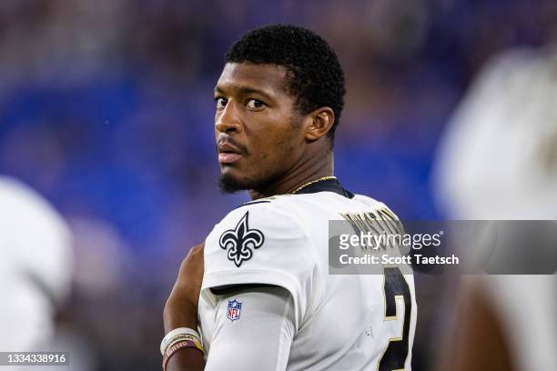 Jameis Winston of the New Orleans Saints looks on during the second half of a preseason game against the Baltimore Ravens at M&T Bank Stadium on...