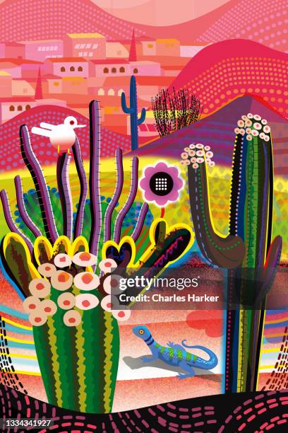 red desert, saguaro, ocotillo and other flowering cactus plants. lizard sunning on rock in foreground, hills and houses in background. - scottsdale arizona house stock pictures, royalty-free photos & images