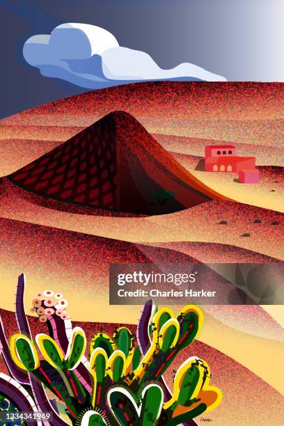 solitude desert, mountain, house landscape with big white cloud in sky illustration - western sahara stock-fotos und bilder