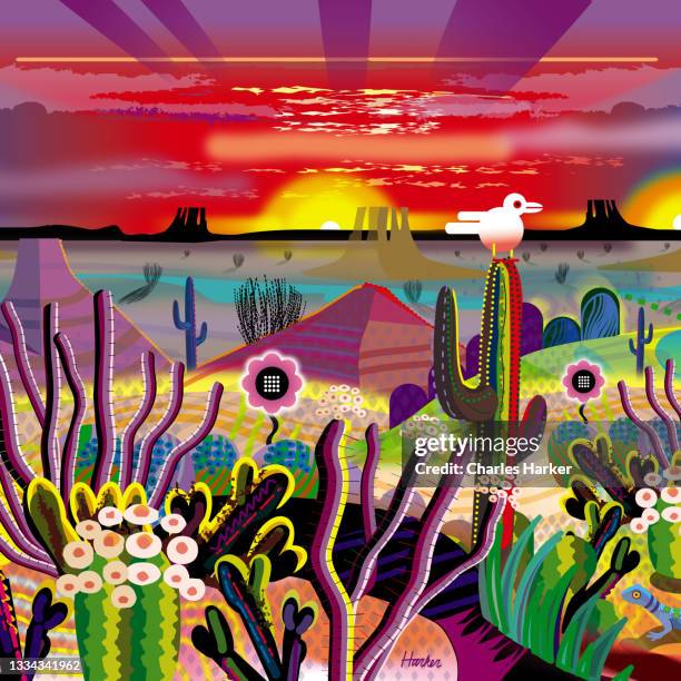 fantasy desert cactus, mountains sunrise landscape illustration with animals and a human couple. - el jardín del edén fotografías e imágenes de stock