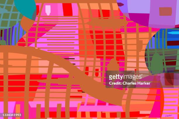 abstract street map inspired background illustration in  alluring feminine colors. deep, rich hues of purple, purple red, and pink. - funky stockfoto's en -beelden