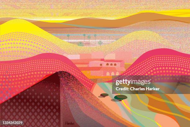 solitude desert mountain landscape with village in the distance. - coachella farm stock pictures, royalty-free photos & images