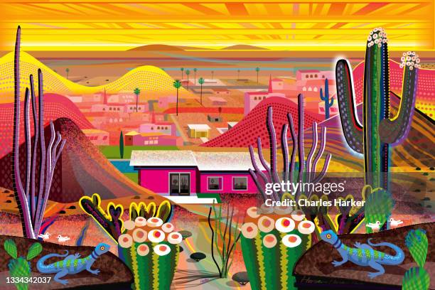 upscale suburban house in lush, vividly colored fantasy palm springs, california desert setting illustration. - coachella sunset stock-fotos und bilder