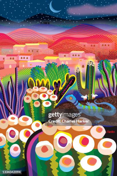 flowering cactus, desert, village, mountains in distance, night sky landscape illustration - all the bright places stock-fotos und bilder