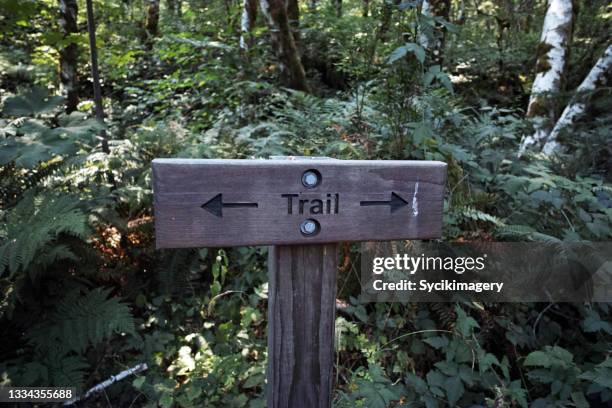 wooden trail post - wooden sign post stockfoto's en -beelden