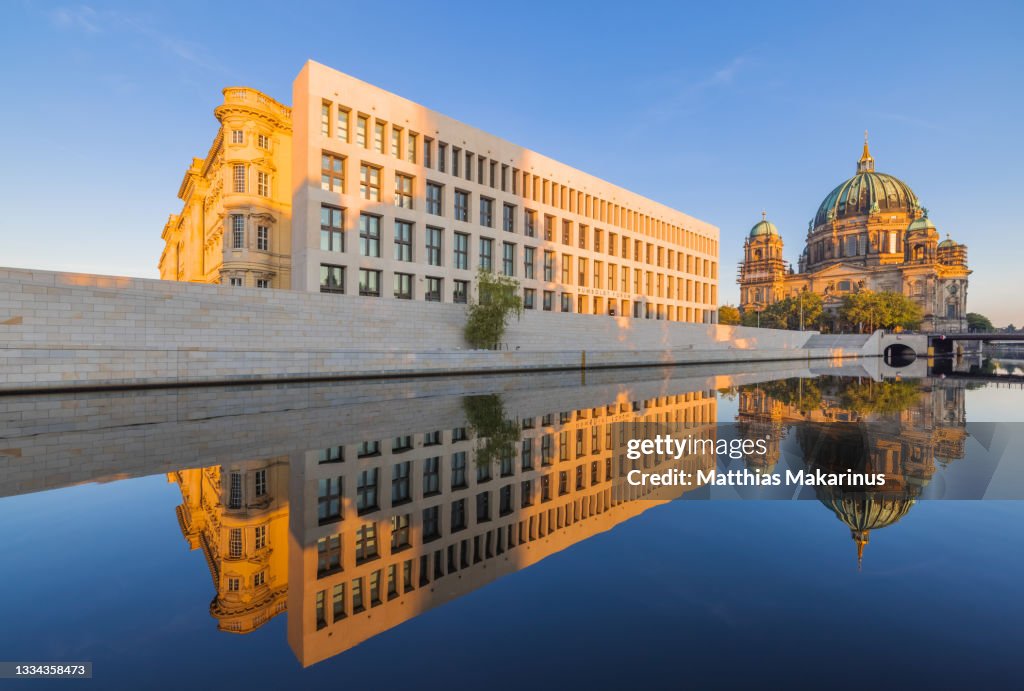 Berlin City Spree River Reflection Sunrise with Berlin Cathedral and The Berlin City Palace Humboldt Forum