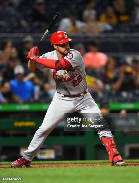 Nolan Arenado of the St. Louis Cardinals in action during the game against the Pittsburgh Pirates at PNC Park on August 11, 2021 in Pittsburgh,...