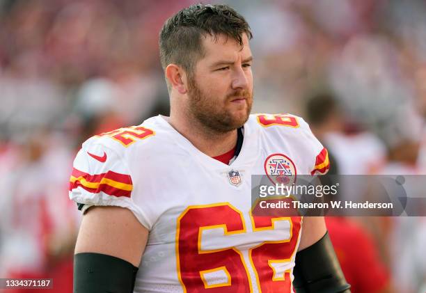 Joe Thuney of the Kansas City Chiefs looks on from the bench against the San Francisco 49ers during the first quarter at Levi's Stadium on August 14,...