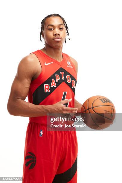 Scottie Barnes of the Toronto Raptors poses for a photo during the 2021 NBA Rookie Photo Shoot on August 15, 2021 in Las Vegas, Nevada.