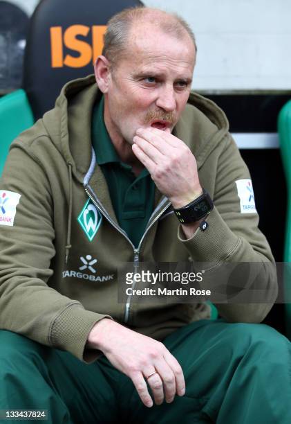 Thomas Schaaf, head coach of Bremen reacts before the Bundesliga match between Borussia Moenchengladbach and SV Werder Bremen at Borussia Park on...