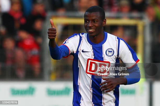 Adrian Ramos of Berlin celebrates his team's first goal during the Bundesliga match between SC Freiburg and Hertha BSC Berlin at Badenova Stadium on...