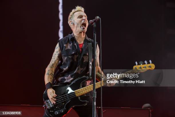 Mike Dirnt of Green Day performs during the Hella Mega Tour at Wrigley Field on August 15, 2021 in Chicago, Illinois.