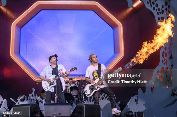 Patrick Stump and Pete Wentz of Fall Out Boy perform during the Hella Mega Tour at Wrigley Field on August 15, 2021 in Chicago, Illinois.