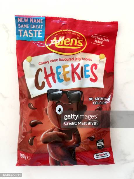 In this photo illustration, a packet of Allen's 'Cheekies' lollies are seen on August 15, 2021 in Sydney, Australia. Confectionary company Nestle...