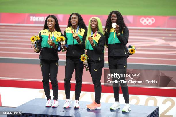 August 7: Briana Williams, Elaine Thompson-Herah, Shelly-Ann Fraser-Pryce and Shericka Jackson of Jamaica with their gold medals on the podium after...