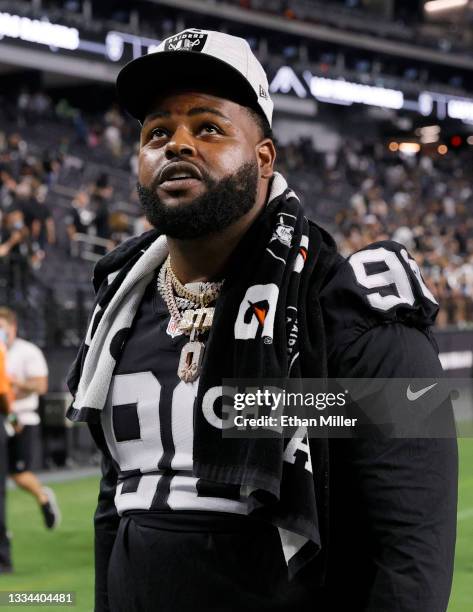 Defensive tackle Johnathan Hankins of the Las Vegas Raiders walks off the field after the team's 20-7 victory over the Seattle Seahawks in a...