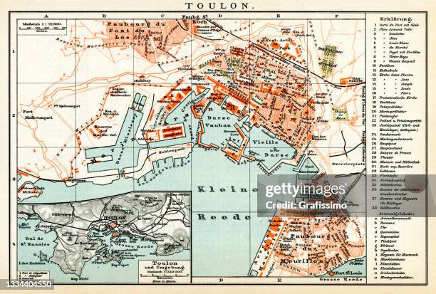 illustrazioni stock, clip art, cartoni animati e icone di tendenza di mappa tolone in costa azzurra 1898 - var