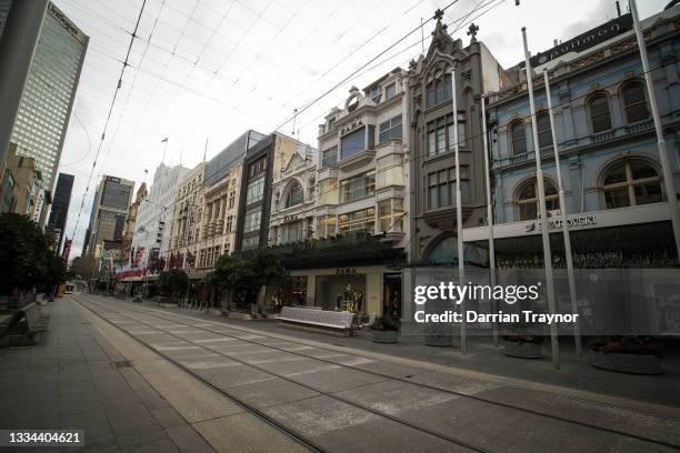 The normally bust Bourke Street Mall is seen on August 16, 2021 in Melbourne, Australia. Lockdown restrictions have been extended for another two...