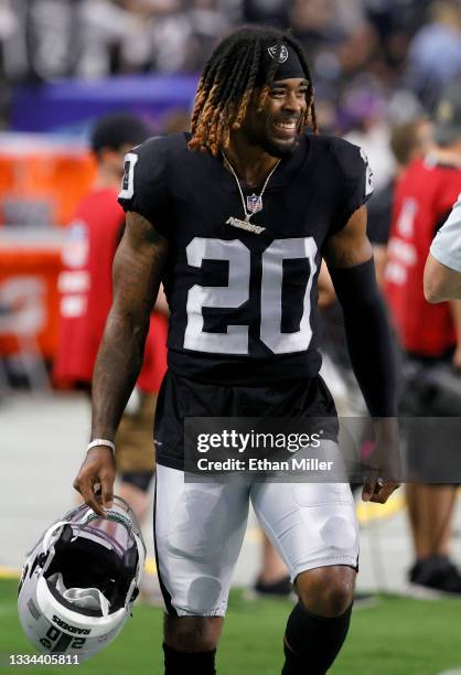 Cornerback Damon Arnette of the Las Vegas Raiders smiles as he walks off the field after the team's 20-7 victory over the Seattle Seahawks in a...