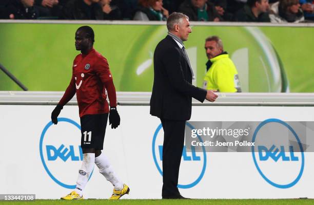 Didier Ya Konan of Hannover is seen after his red card during the Bundesliga match between VfL Wolfsburg and Hannover 96 at Volkswagen Arena on...