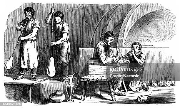 glass making - glass blowing stock illustrations