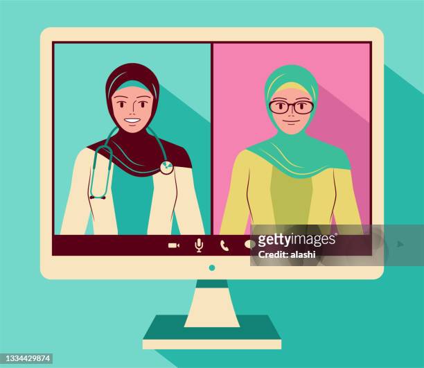 telemedicine helps doctors and patients stay connected during covid-19 - arabic doctor stock illustrations