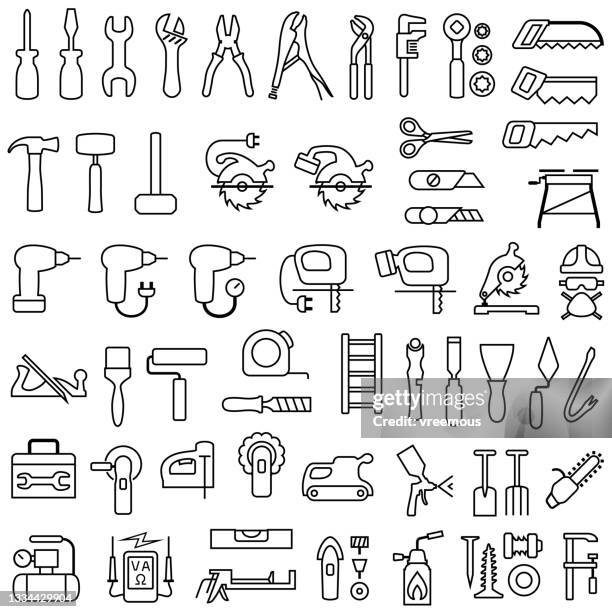 stockillustraties, clipart, cartoons en iconen met tools outline icons for home improvement, decorating and construction. - cirkelzaag