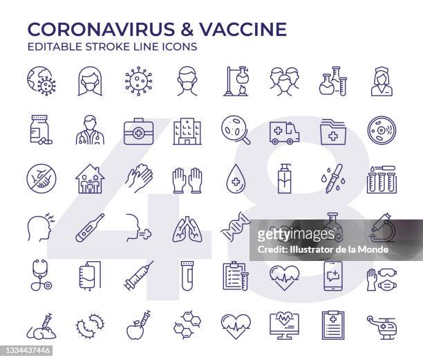 symbole für coronavirus- und impfstofflinien - flu virus stock-grafiken, -clipart, -cartoons und -symbole