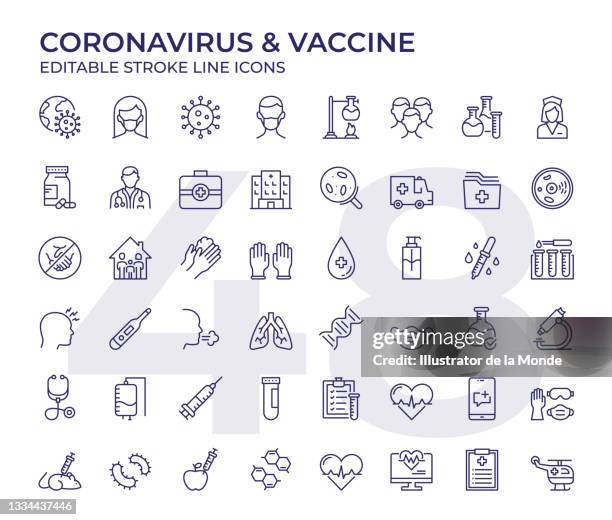 coronavirus and vaccine line icons - healthcare icon set stock illustrations