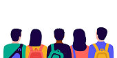 Group of people students with bags in school, back view. Meeting of young men and women before education. Vector illustration