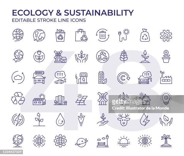 ökologie und nachhaltigkeit liniensymbole - innovation stock-grafiken, -clipart, -cartoons und -symbole