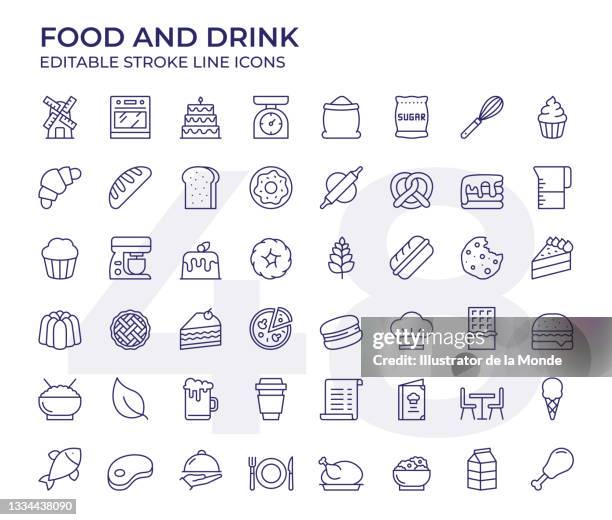 ilustraciones, imágenes clip art, dibujos animados e iconos de stock de conjunto de iconos de la línea de alimentos y bebidas - bolleria