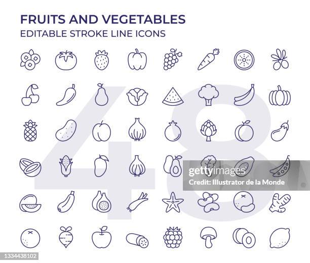 stockillustraties, clipart, cartoons en iconen met fruits and vegetables line icons - tomato