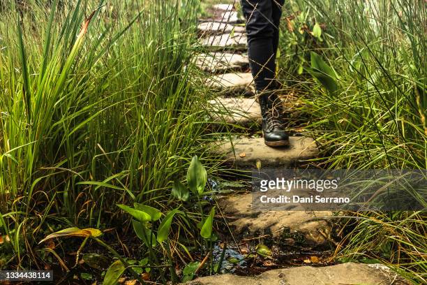 woman walking over a stepping stone - stepping stones stockfoto's en -beelden
