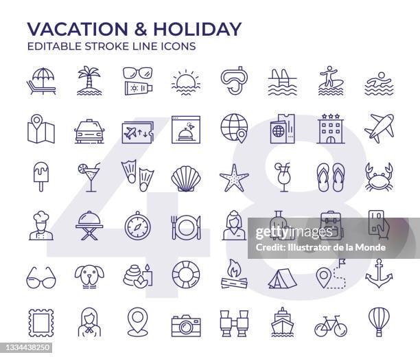 vacation and holiday line icons - 目的地 幅插畫檔、美工圖案、卡通及圖標