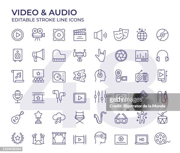 video- und audiozeilensymbole - feinlinige illustration stock-grafiken, -clipart, -cartoons und -symbole
