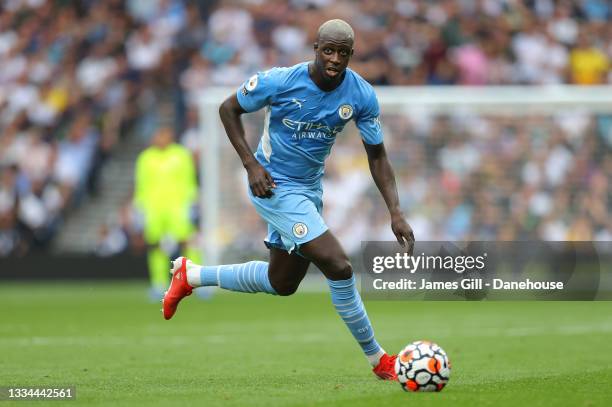 Benjamin Mendy of Manchester City runs with the ball during the Premier League match between Tottenham Hotspur and Manchester City at Tottenham...