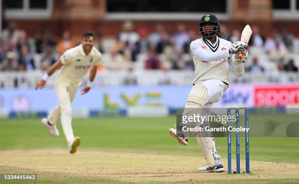 Jasprit Bumrah of India hits out at a shot ball from James Anderson of England during day five of the Second LV= Insurance Test Match between England...