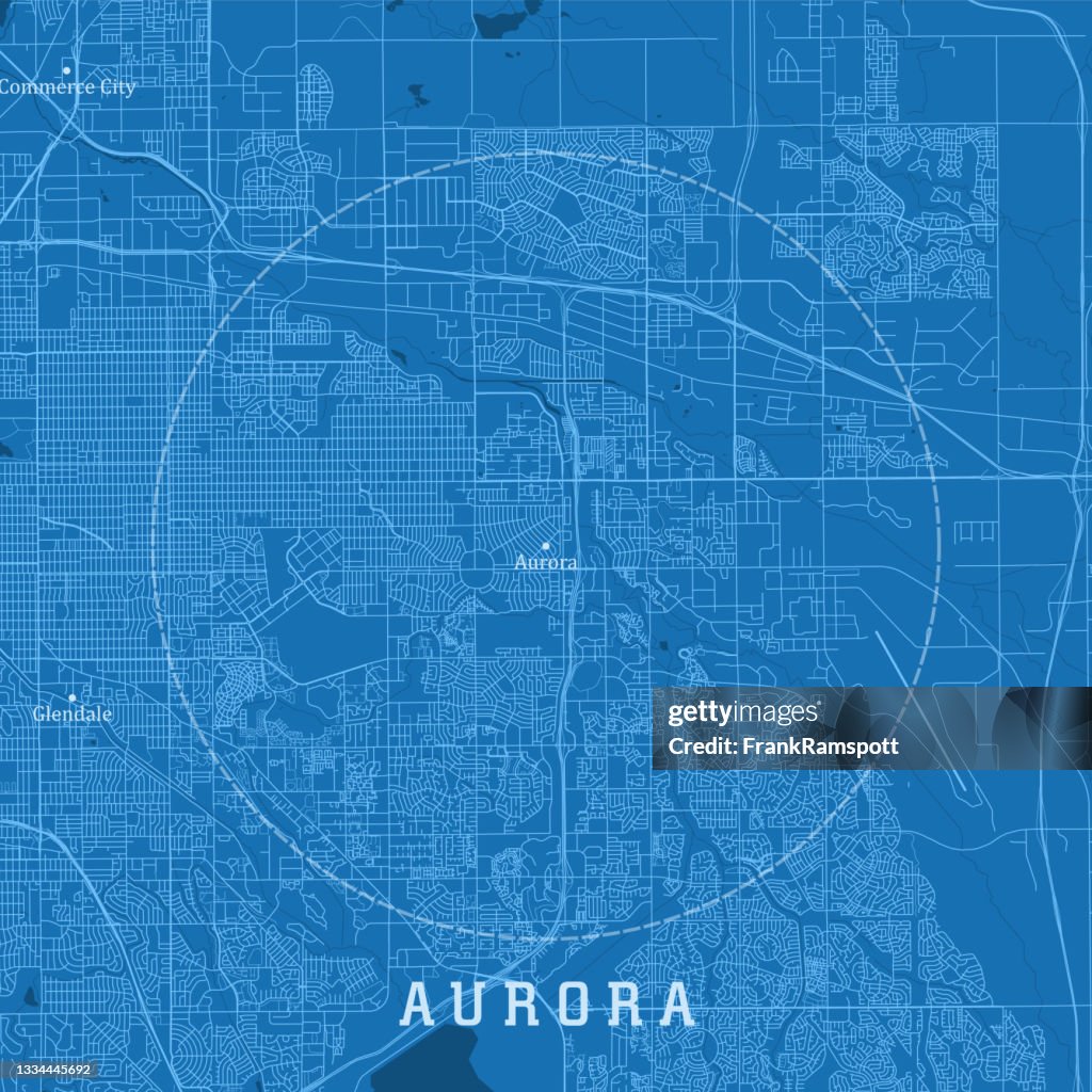 Aurora CO City Vector Road Map Blue Text
