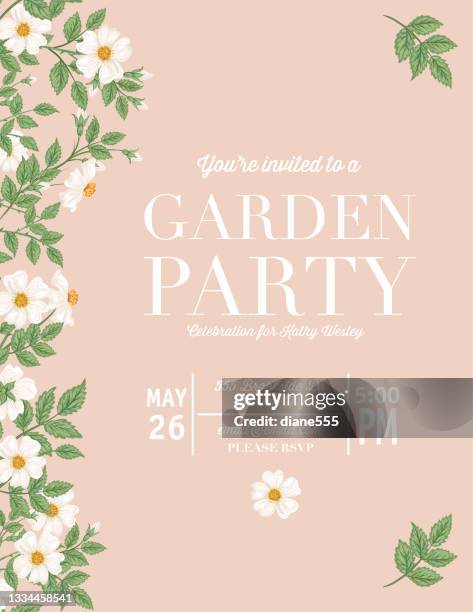 peach color wild roses garden party invitation - invitation stock illustrations